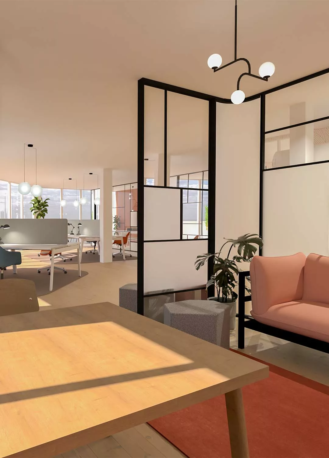 Visuel 3D bureau coworking Paris - Design d'intérieur par Atelier Bons Jours